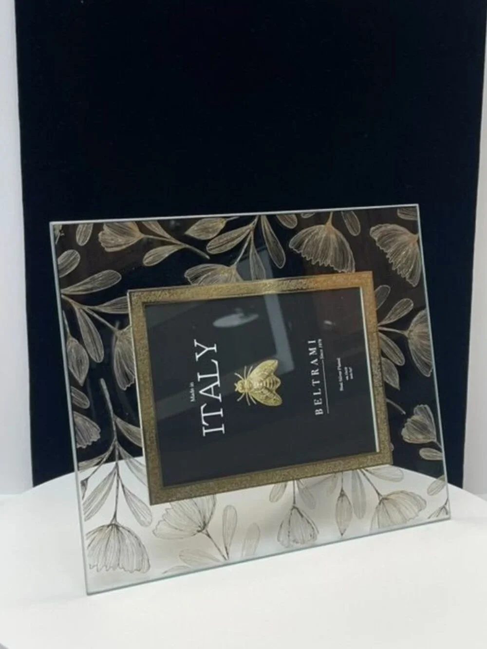 Beltrami Italy Silver Plated 5x7 Frame Gold Floral Glass Photo Holder